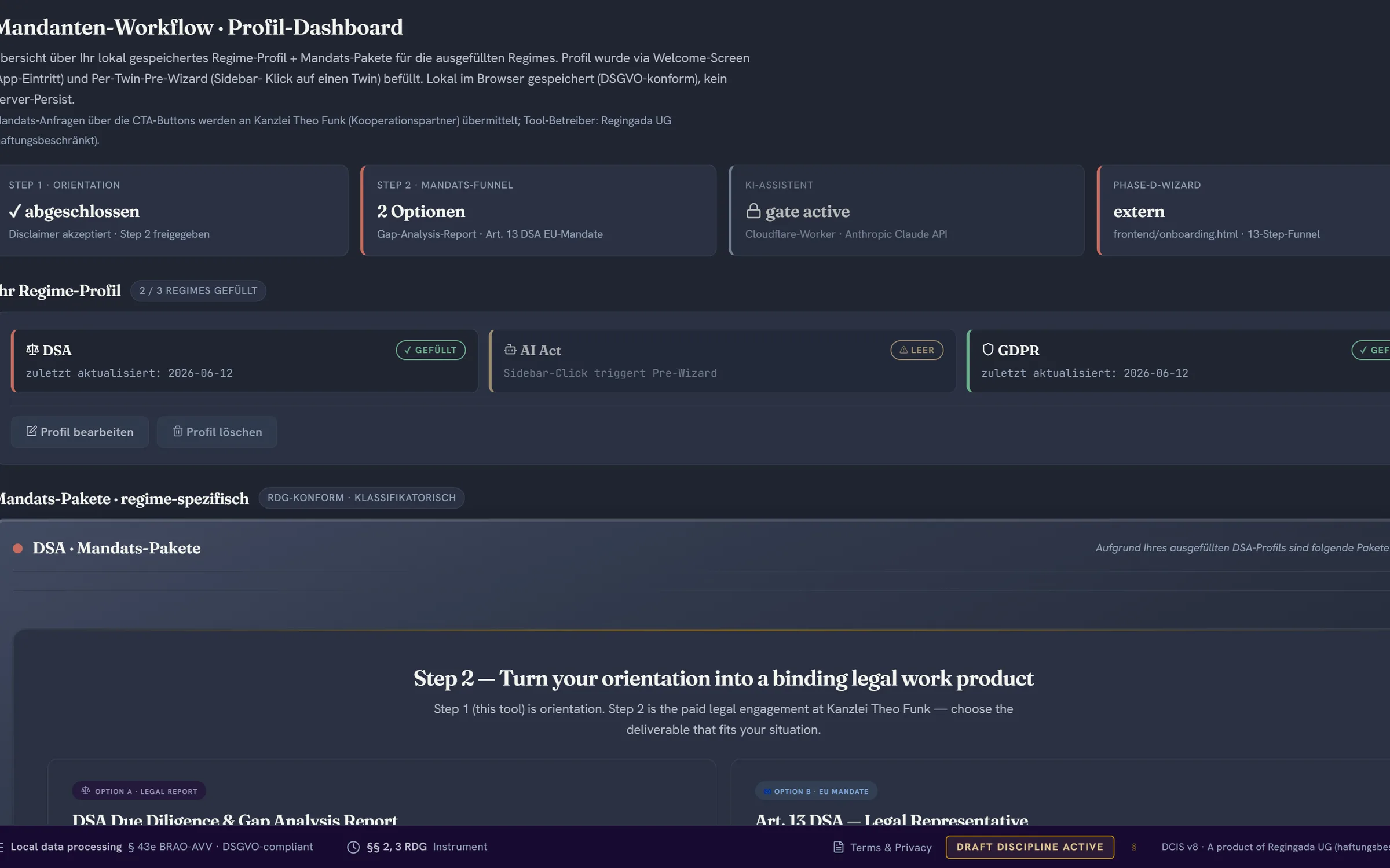 The suite mandate funnel, dark theme: step status cards, regime-profile fill state and the step-2 handoff panel — DRAFT discipline notice visible in the product footer
